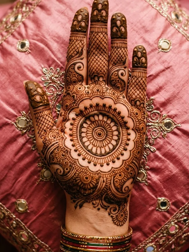 The bride's palm covered in mehndi